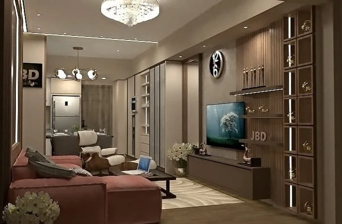 Interior hunian JBD dengan nuansa hangat dan furnitur custom